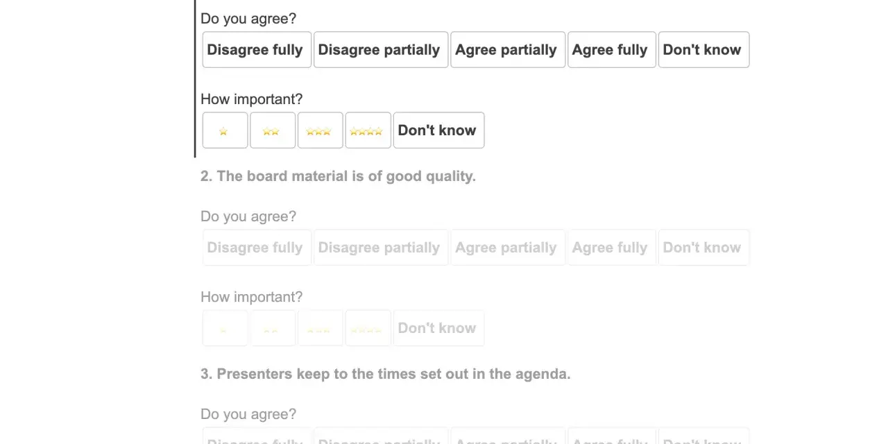 Board survey questions about meeting formalities, including distribution of materials, quality, and presenter punctuality.
