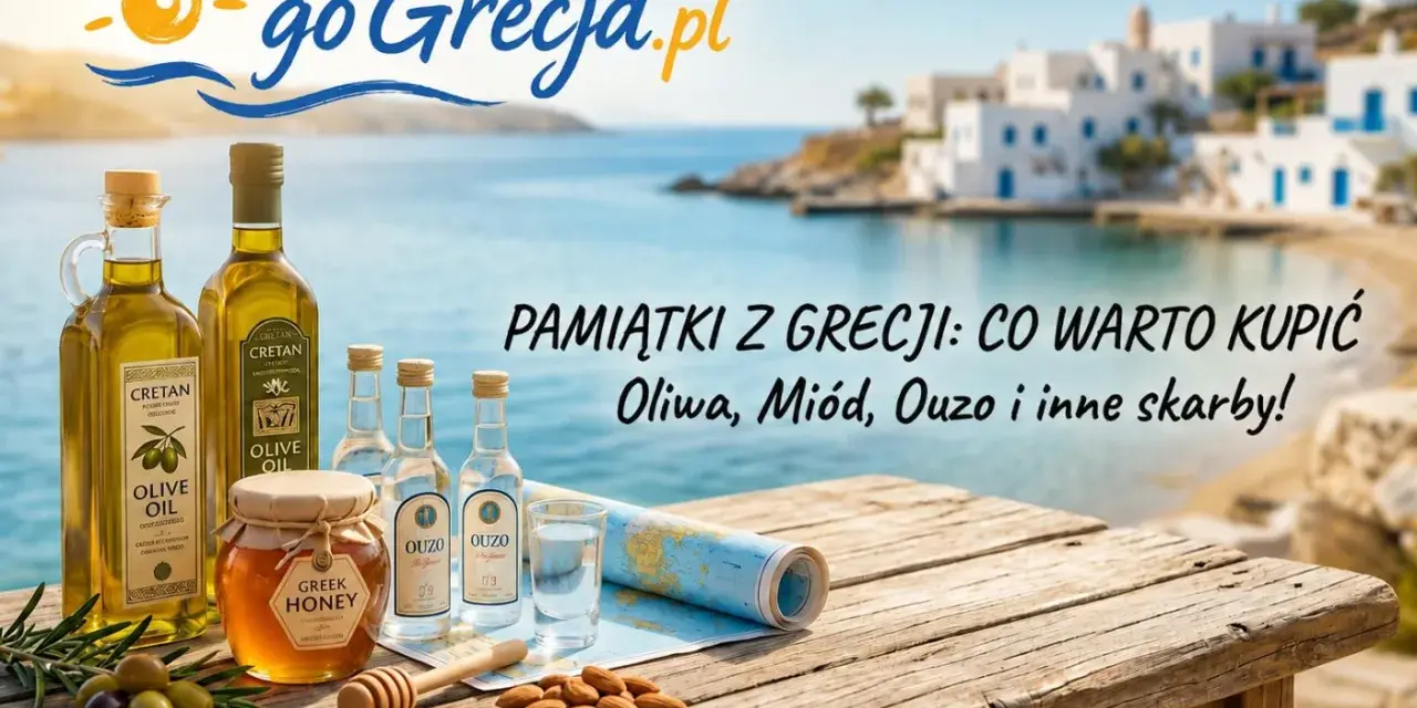Oliwa, miód, ouzo – co przywieźć z Grecji? Pamiątki z wakacji na stole z widokiem na grecką wyspę.