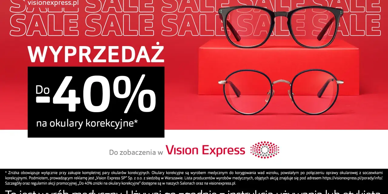 Dwa modele okularów korekcyjnych na czerwonym tle z napisem "WYPRZEDAŻ" i "Do 40%".