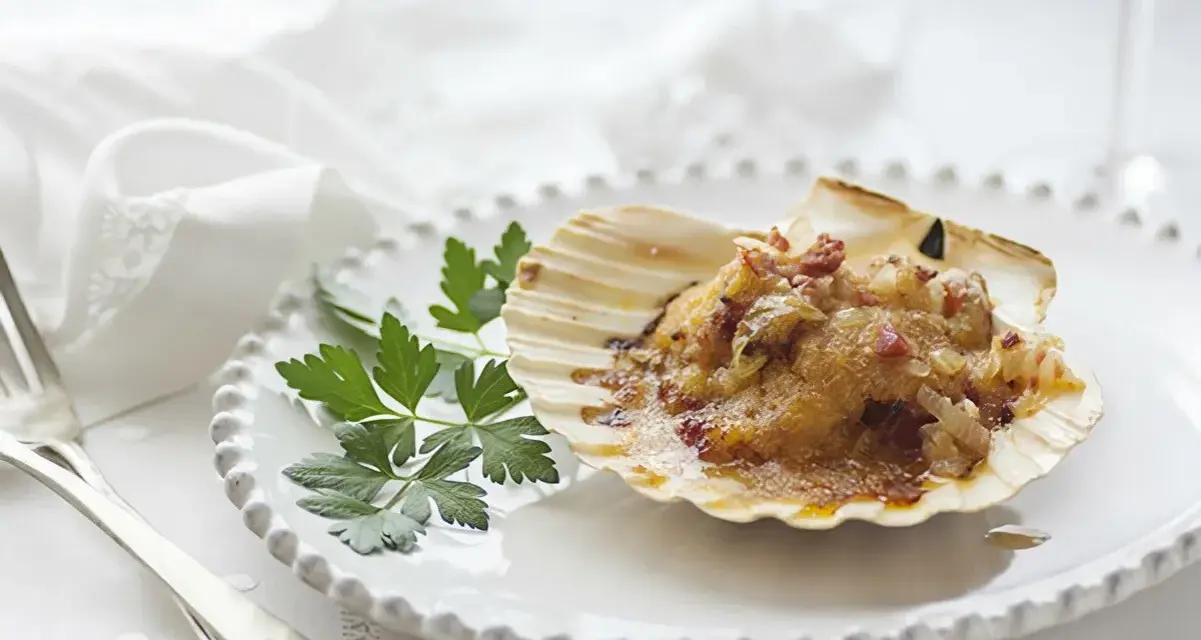 Vieiras gratinadas con tocino y perejil, servidas en su concha sobre un plato blanco.
