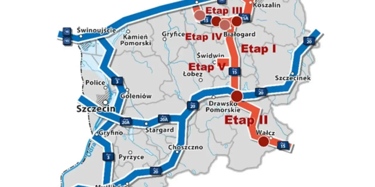 Mapa przedstawia stary kolejowy szlak podzielony na etapy I-V, z zaznaczonymi miastami jak Szczecin, Koszalin, Kołobrzeg.