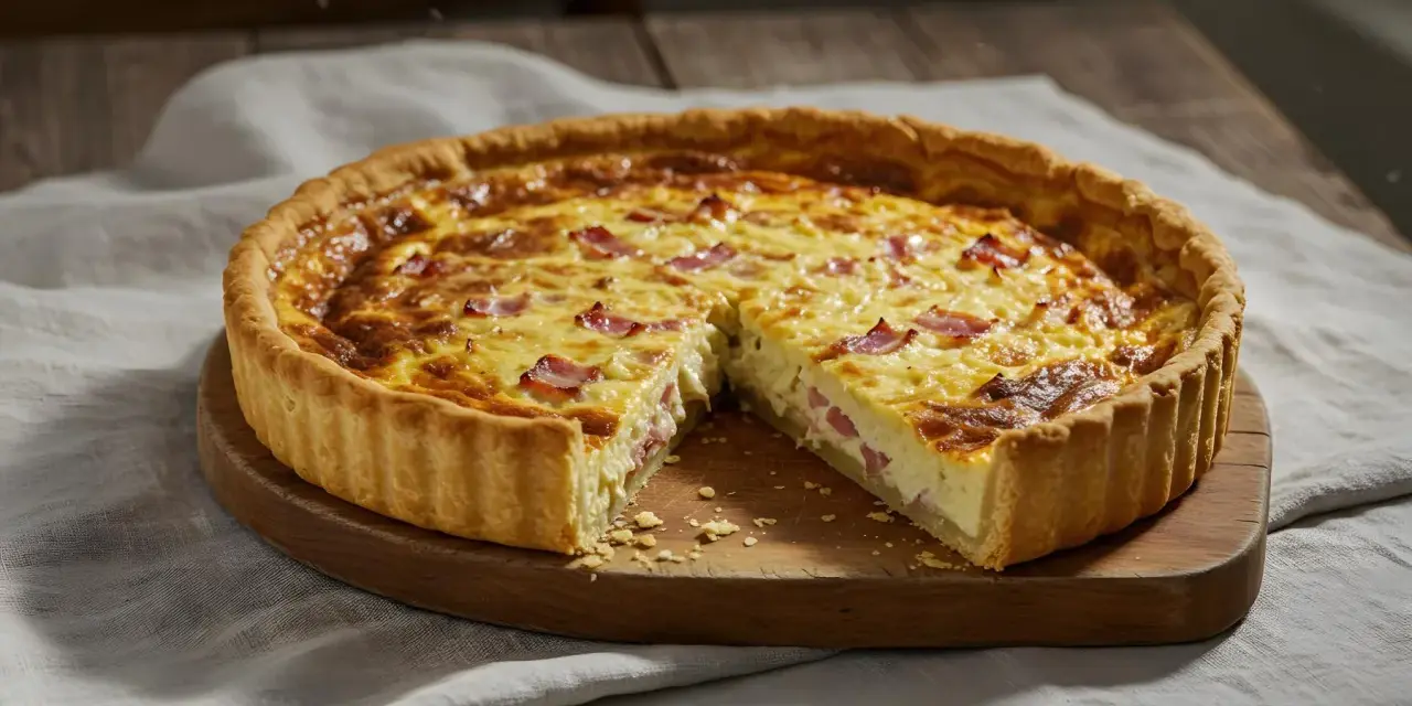 Quiche Lorraine entera con una porción cortada, mostrando su interior cremoso y trozos de tocino.