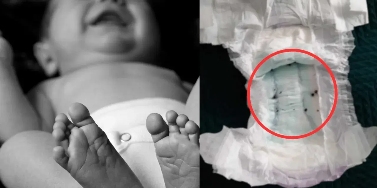 Jak założyć pampersa chłopcu? Zdjęcie pokazuje stopy dziecka i zużytą pieluchę z zielonym wkładem i ciemnymi grudkami.