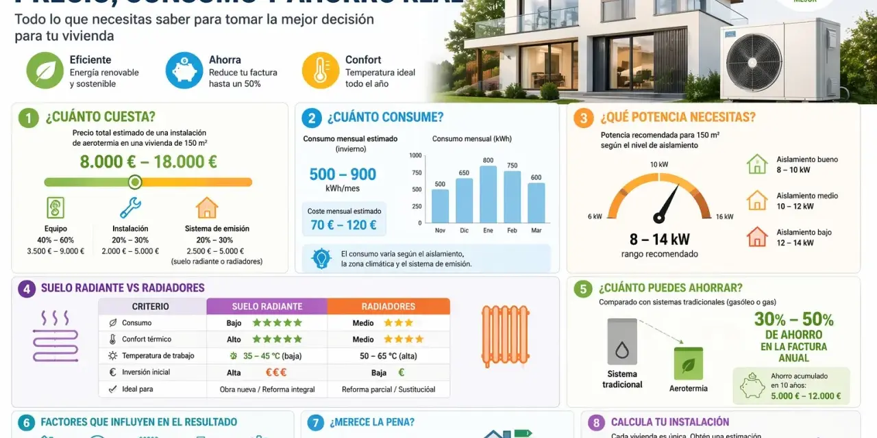 Infografía sobre aerotermia para 150 m². Explica coste, consumo y ahorro. Ideal para obtener agua caliente eficiente y sostenible.