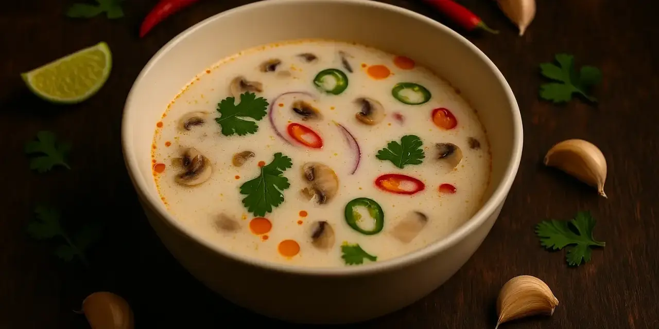Aksamitna zupa tom kha z grzybami, chili i kolendrą. Idealny przepis na rozgrzewający posiłek.