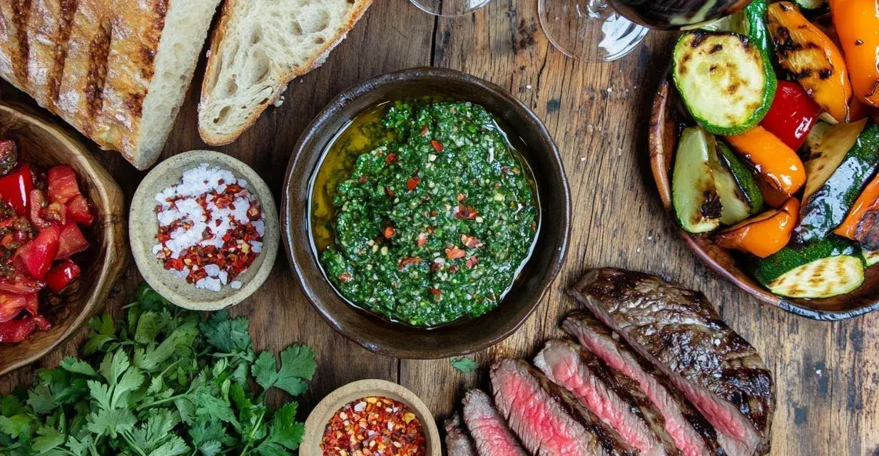 En saftig biff med grillade grönsaker, färskt bröd och en härlig chimichurri. Perfekt för en sommarkväll!