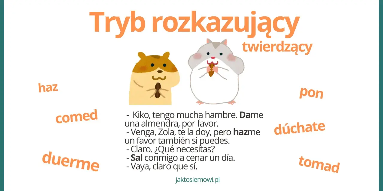 Dwa chomiki ilustrują tryb rozkazujący, z przykładami jak "haz" i "duerme", które mogą być użyte w zdaniach z trybem subjonctivo presente.
