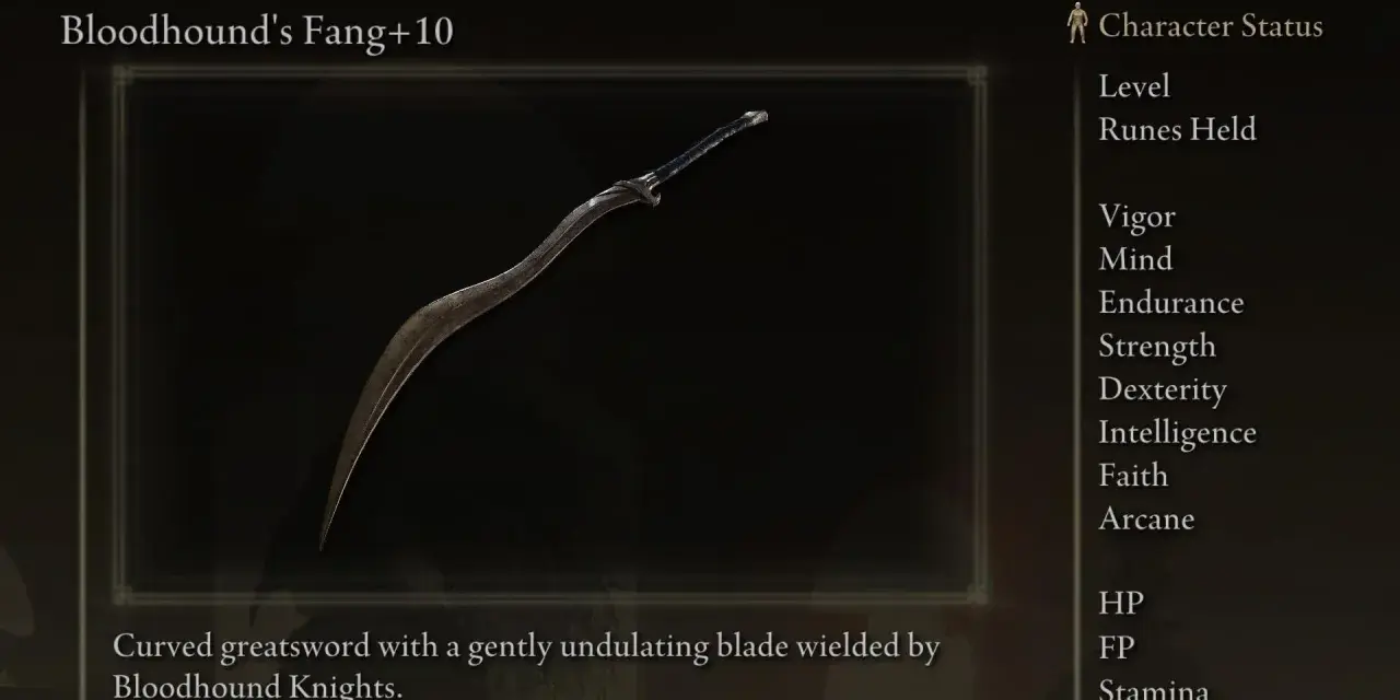 Fang de Bloodhound +10, una de las mejores armas de Elden Ring. Espada curva con hoja ondulante.