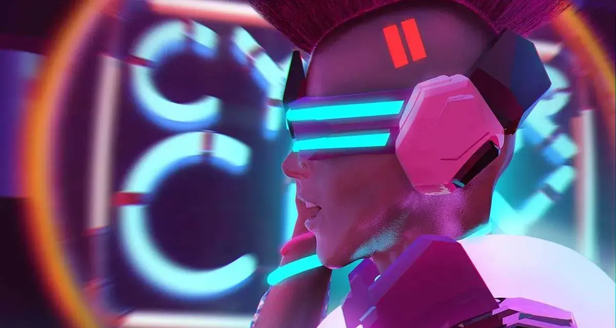Cyberpunk-Figur mit leuchtenden VR-Brillen und Irokesenschnitt, inspiriert von OpenAI MuseNet, im Neonlicht.