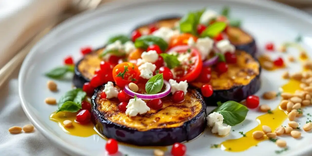 Délicieuse recette avec aubergine grillée, tomates cerises, fromage frais, grenade et pignons de pin. Un plat coloré et savoureux.