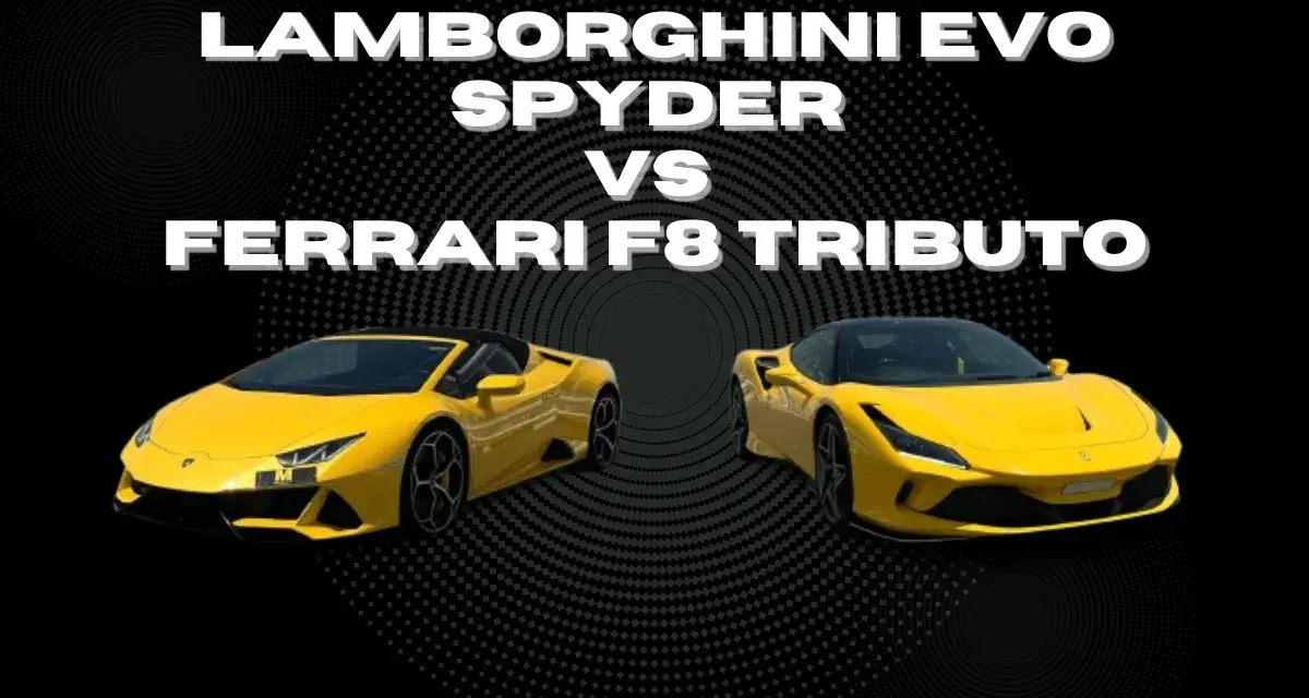 Dwa żółte supersamochody: Lamborghini Evo Spyder i Ferrari F8 Tributo.