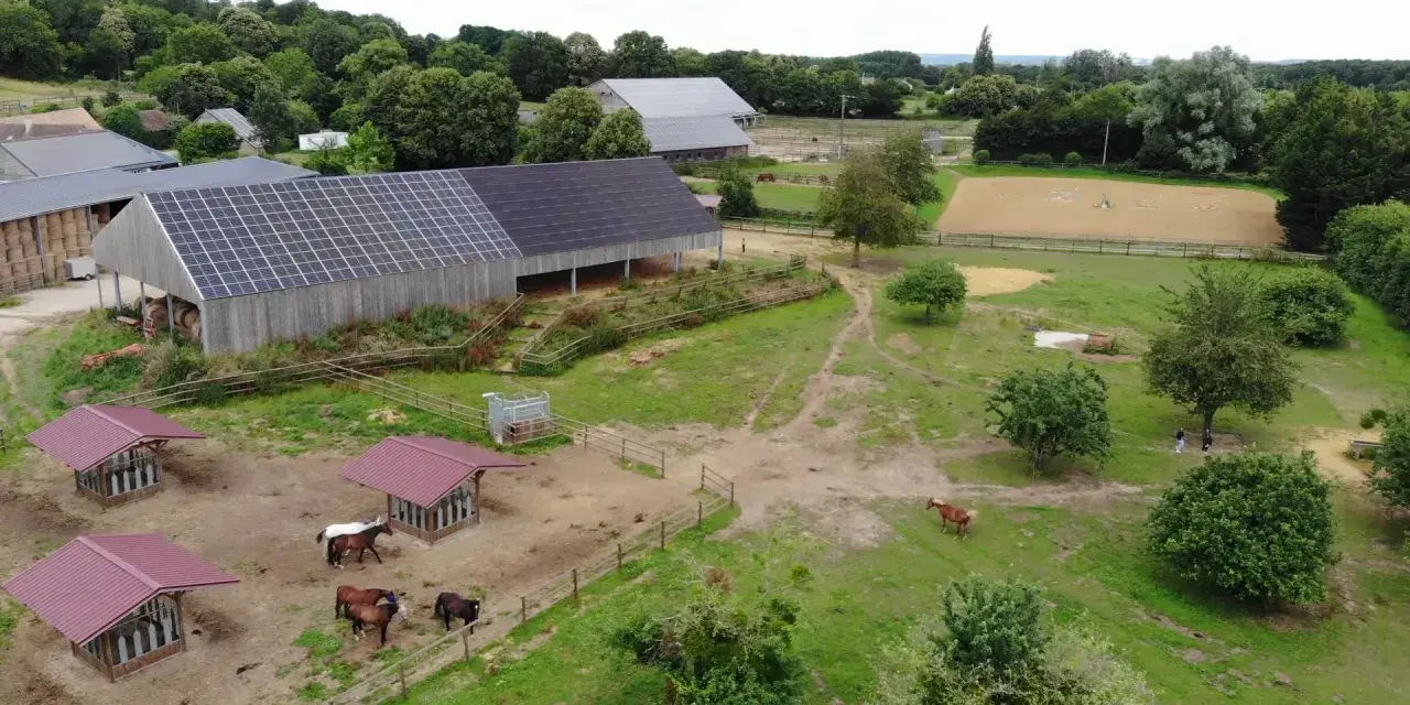 Vue aérienne d'une ferme équestre avec des chevaux au pré, des abris et un manège. Le bâtiment principal est équipé de panneaux solaires, offrant un hébergement chevaux moderne et écologique.