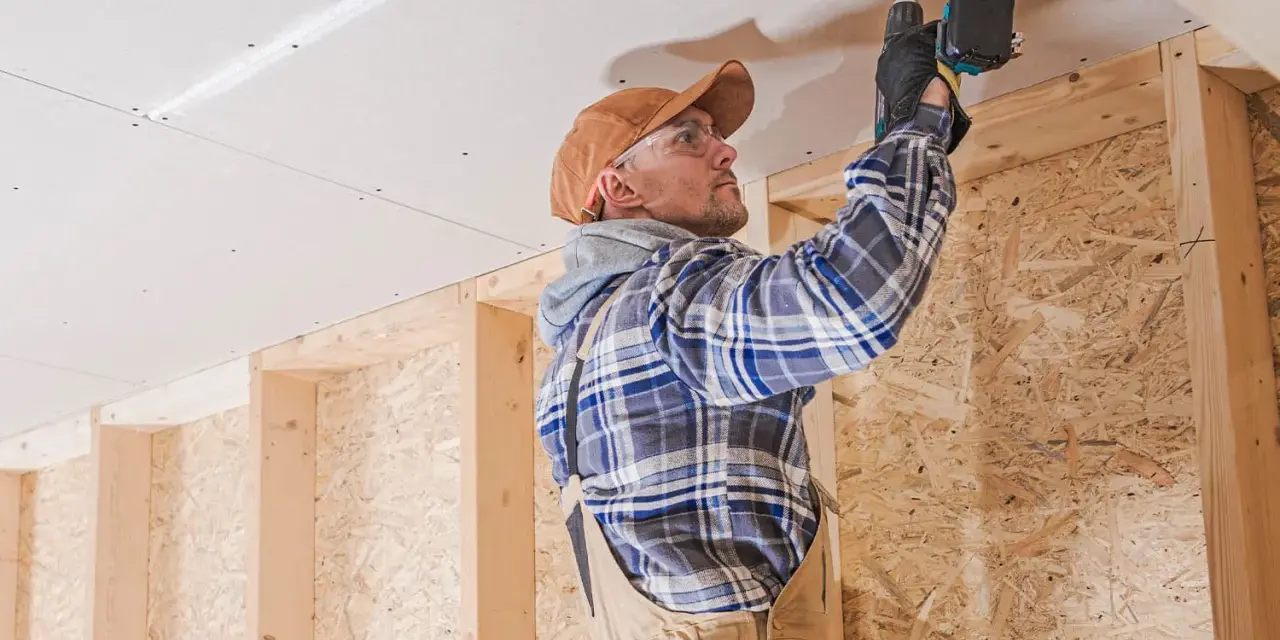 Uomo con trapano installa pannelli per isolamento acustico fai da te sul soffitto di una stanza in costruzione.