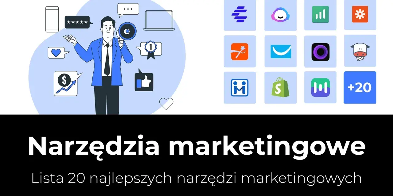 Ilustracja przedstawia mężczyznę z megafonem otoczonego ikonami symbolizującymi narzędzia marketingowe, takie jak smartfon, gwiazdki, serce, wykresy i torba na zakupy.