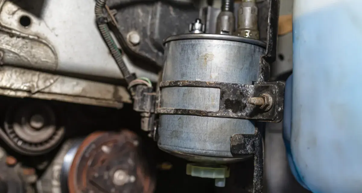 Kraftstoffpumpe defekt weiterfahren? Nicht ratsam. Nahaufnahme eines Kraftstofffilters im Motorraum, neben einem blauen Behälter.