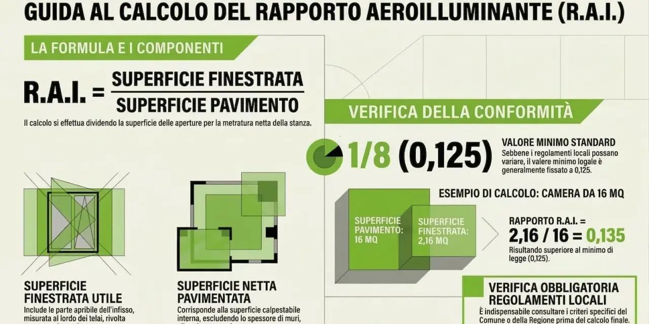 Guida al calcolo del rapporto aeroilluminante (R.A.I.). Spiega come calcolare il rapporto tra superficie finestrata e pavimento, con esempio pratico.