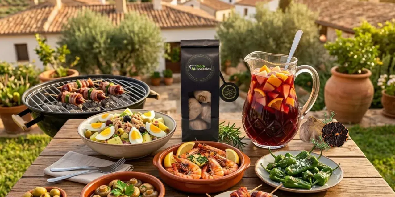 Tapas selber machen: Köstliche Garnelen, Pilze, Oliven, Spieße und Sangria auf einem Tisch im Freien mit Blick auf eine mediterrane Landschaft.