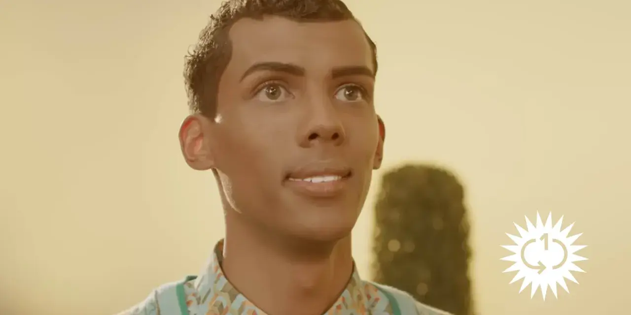 Ein Mann mit lockigem Haar und einem bunten Hemd blickt nach oben. Das Bild erinnert an die Bedeutung von "Papaoutai".