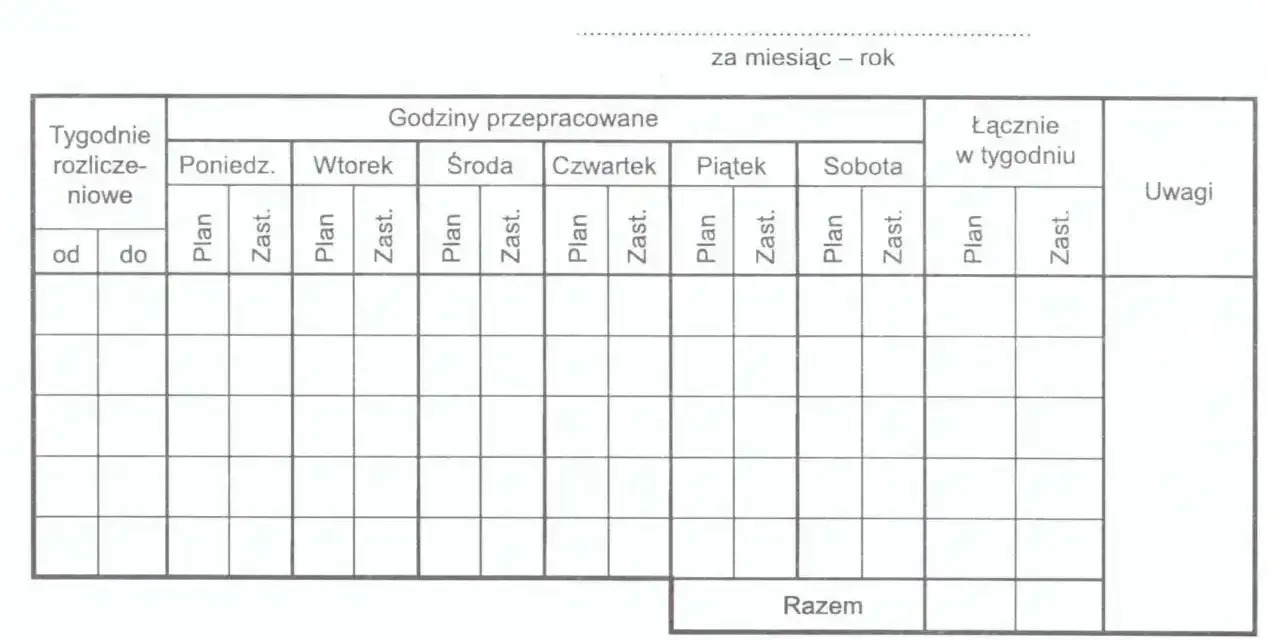 Formularz do rozliczania godzin pracy nauczyciela, uwzględniający godziny ponadwymiarowe, z podziałem na dni tygodnia i typy zajęć (plan, zastępstwo).