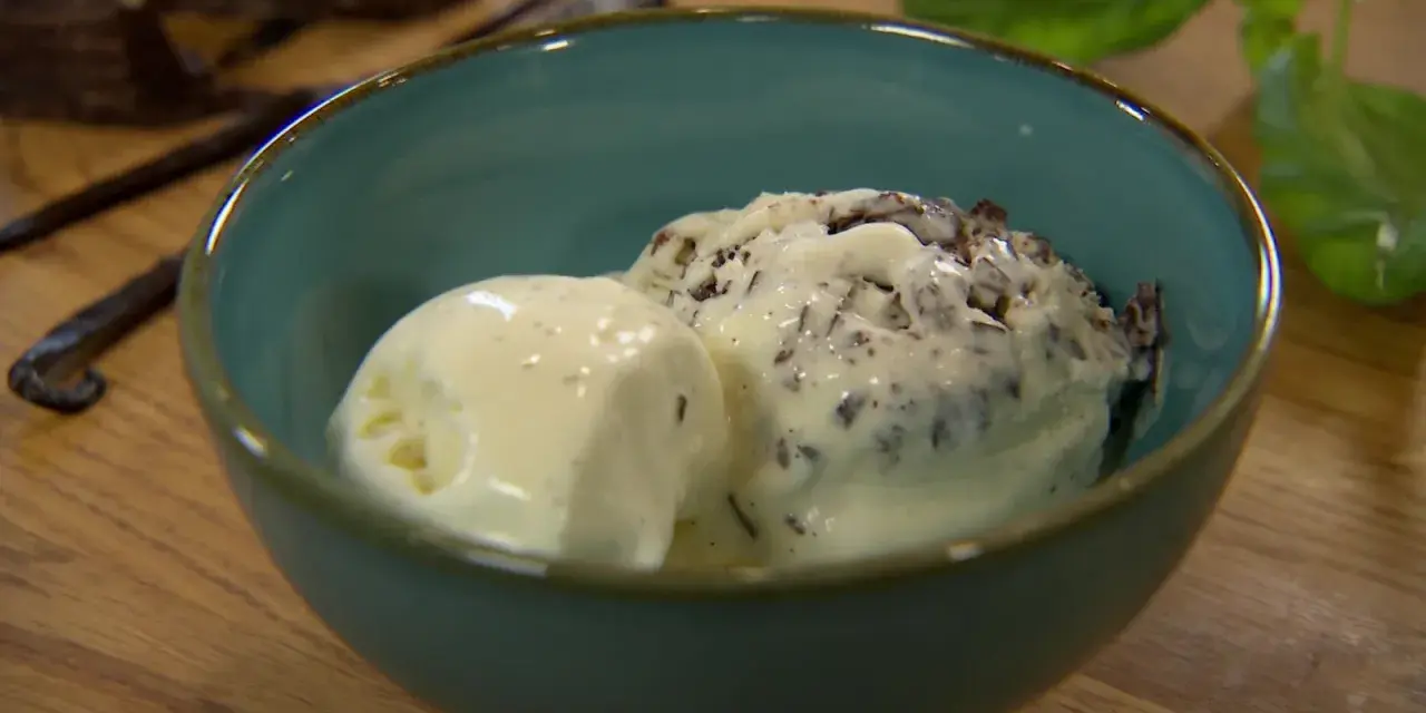 Zwei Kugeln Milcheis, eine schlicht und eine mit Schokostückchen, in einer blauen Schale. Perfekt zum milcheis selber machen mit eismaschine.