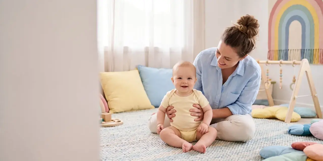 Uśmiechnięta mama wspiera dziecko, które jeszcze nie siedzi. Wspólna zabawa i ćwiczenia to klucz do rozwoju.