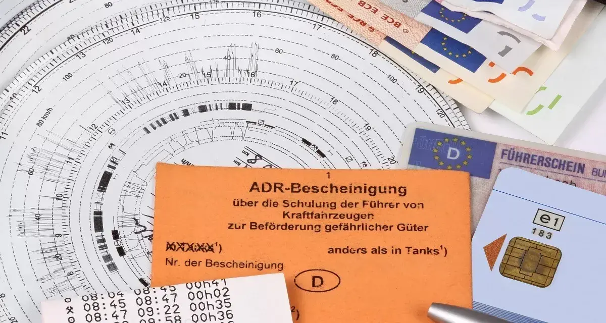 Karta kierowcy, tachograf, pieniądze i dokumenty ADR.