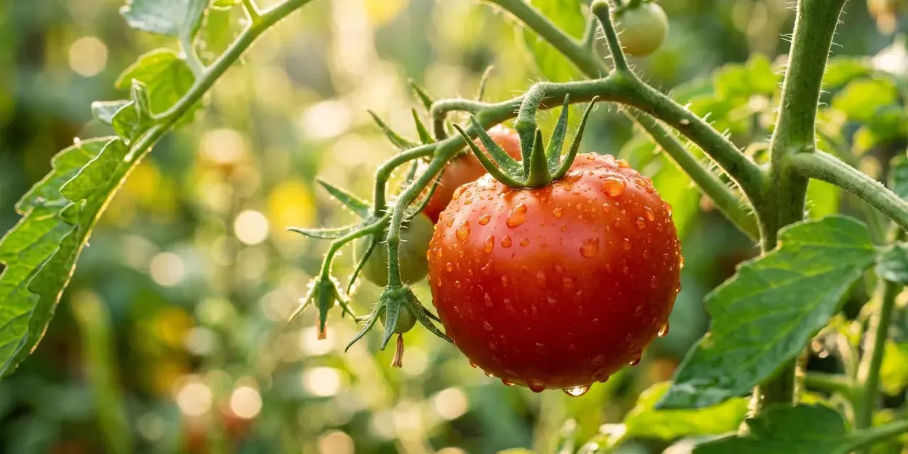 Reife Tomaten an einer Pflanze, bedeckt mit Tautropfen. Die Sonne scheint durch das Laub und beleuchtet die saftigen Früchte.