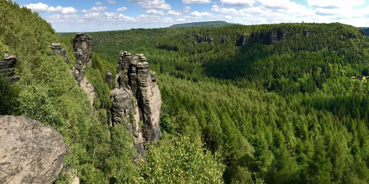 Felsformationen im Bielatal, ideal zum Wandern. Ein Wanderer genießt die Aussicht auf den dichten grünen Wald unter blauem Himmel.