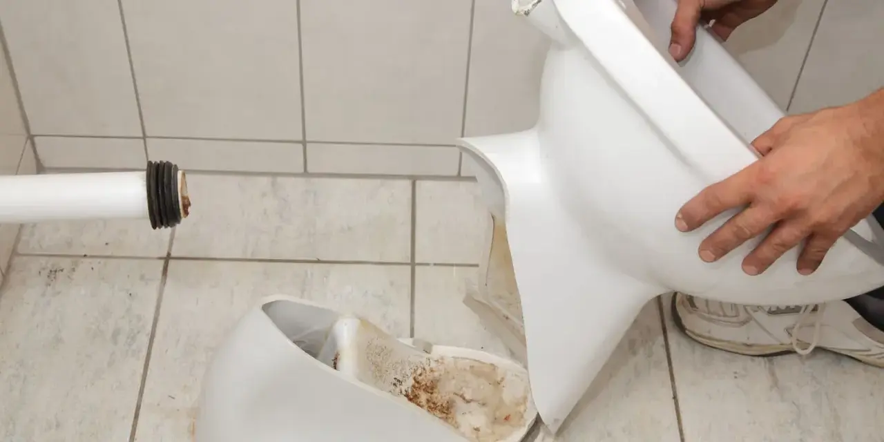 Démontage d'une cuvette de toilettes cassée. Il est temps de changer les toilettes.