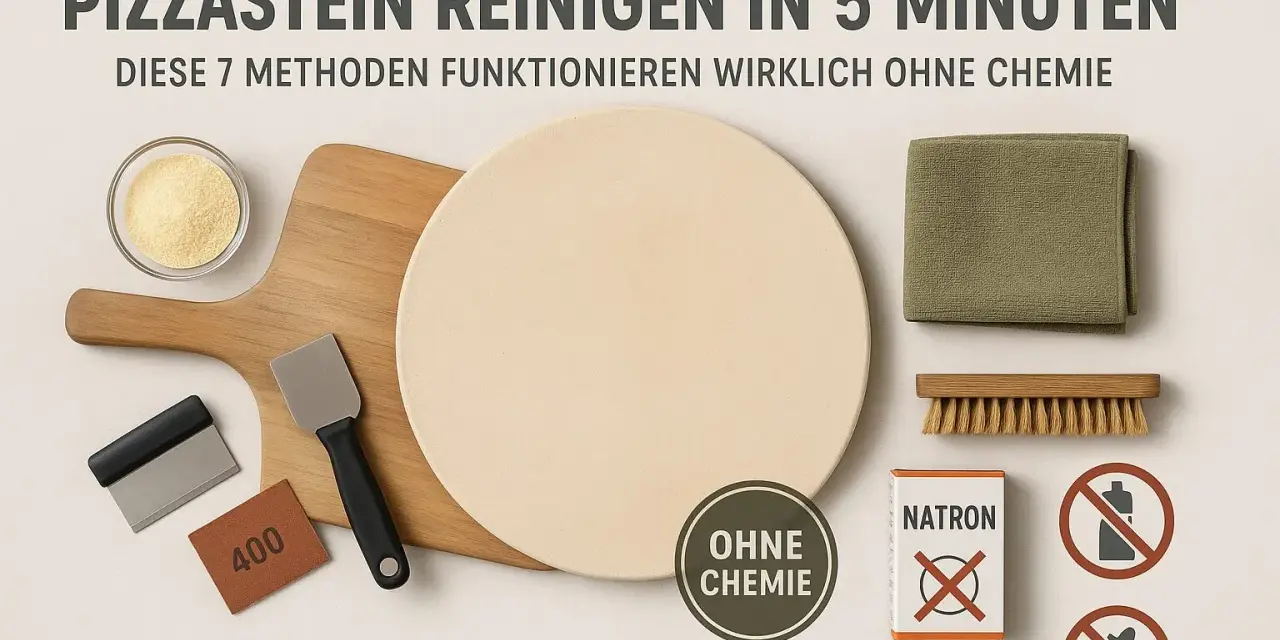 Pizzastein reinigen angebrannt? Hier sind Werkzeuge wie Bürste, Schaber, Schleifpapier und Natron für die chemiefreie Reinigung.