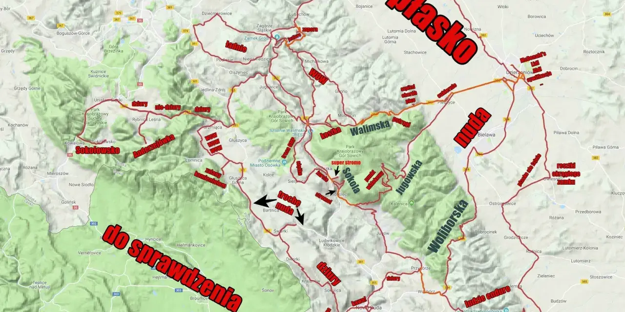 Mapa szlaków rowerowych w Górach Sowich. Trasy "płasko", "trochę nuda", "super stromo" i "dziury" czekają na odkrycie.