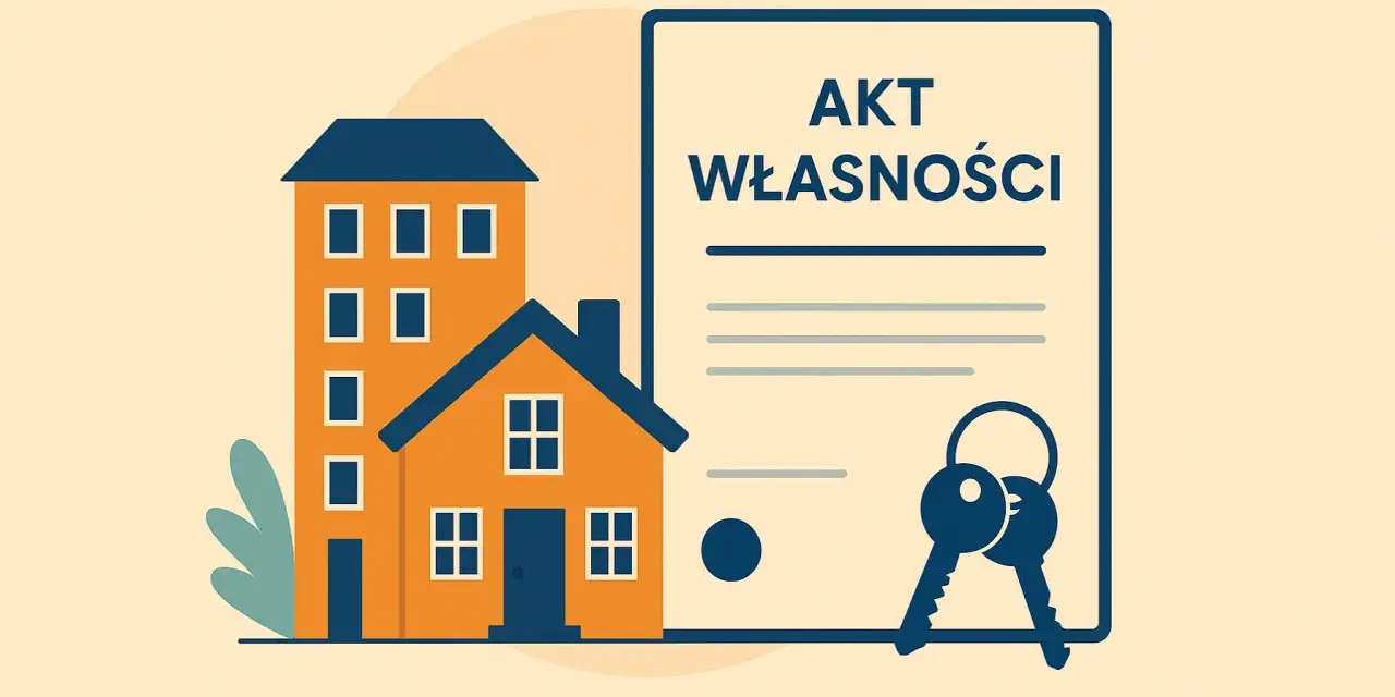 Akt własności i klucze symbolizują przekształcenie użytkowania wieczystego we własność. Dom i budynek obok.