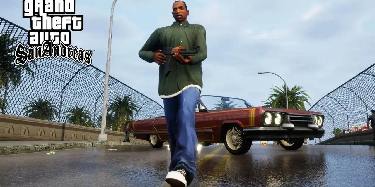 CJ camina con un arma, listo para usar trucos San Andreas PS2. Un coche clásico rojo espera.