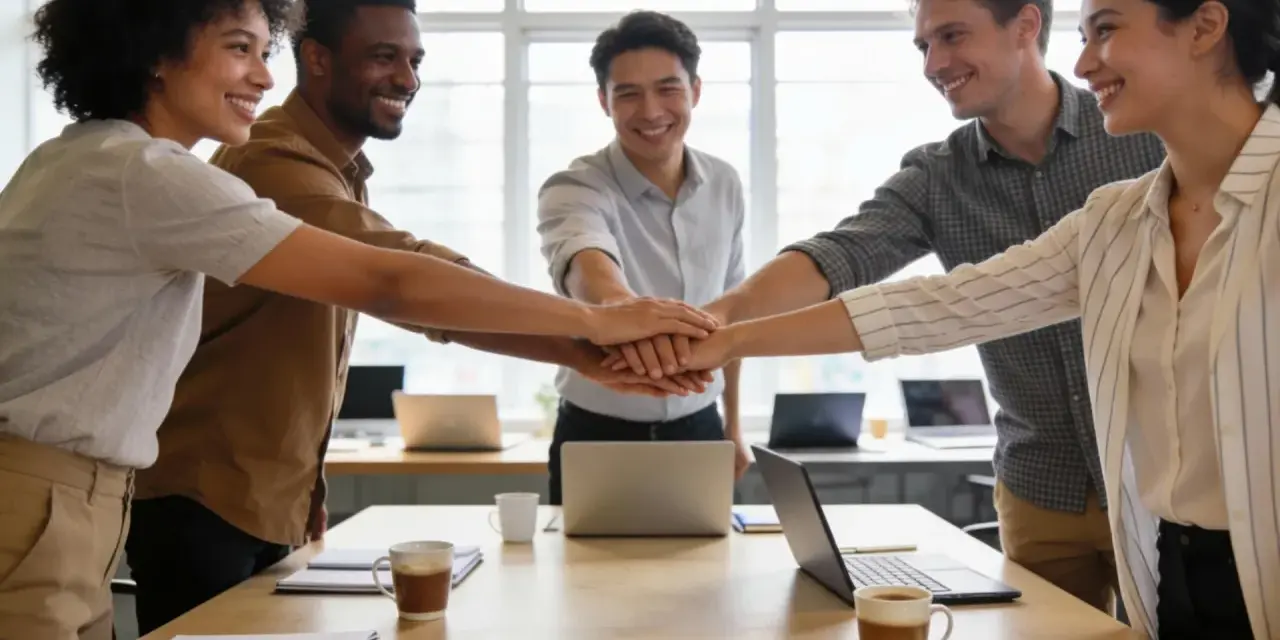 Une équipe diversifiée met les mains ensemble, symbolisant des idées simples de team building et l'unité.