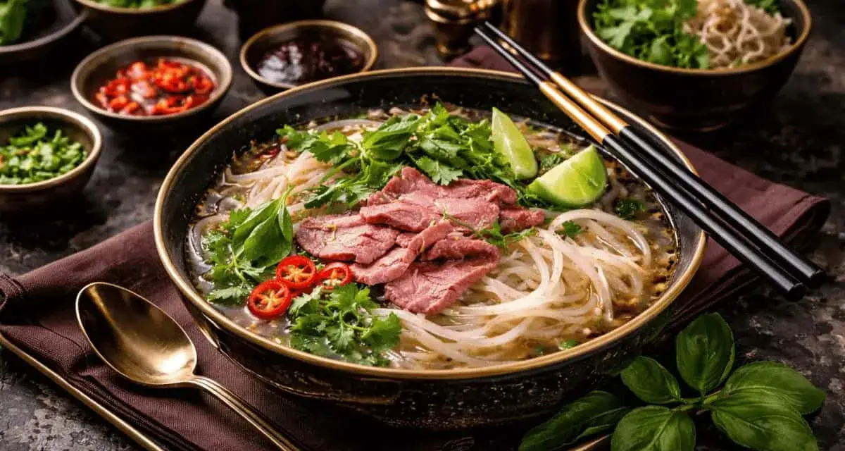 En skål med vietnamesisk mat, pho, med nudlar, tunt skivat kött, färska örter och lime.
