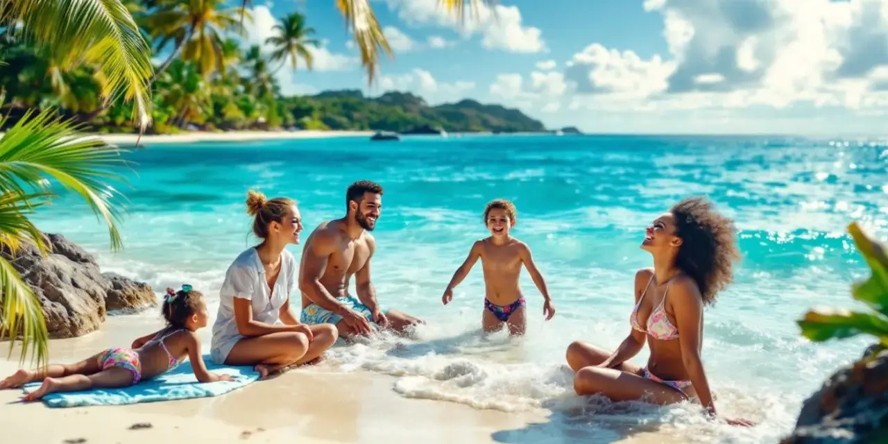 Famille profitant d'un voyage mer paradisiaque, rires et soleil sur une plage tropicale aux eaux turquoise.