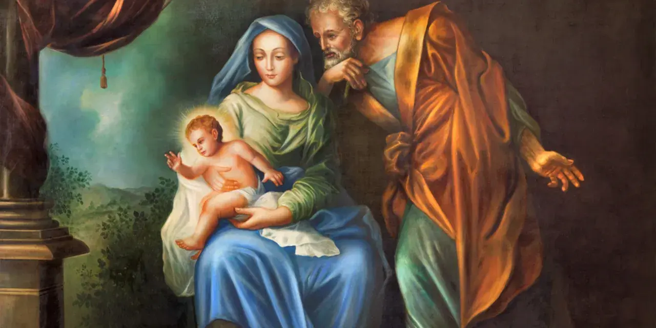 Święta Rodzina w chwili narodzin Jezusa. Maryja trzyma Dzieciątko, Józef czuwa.