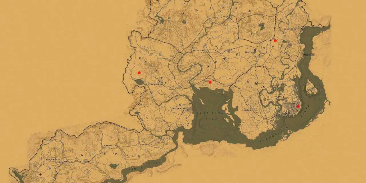 Mapa de Red Dead Redemption 2 con puntos rojos indicando ubicaciones de tramperos.