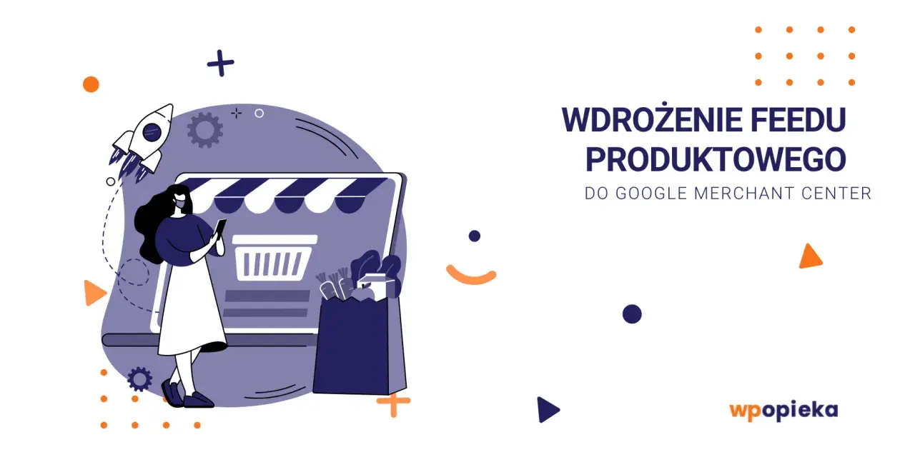 Kobieta z telefonem przed sklepem, rakieta startuje. Wdrożenie feedu produktowego do Google Merchant Center.