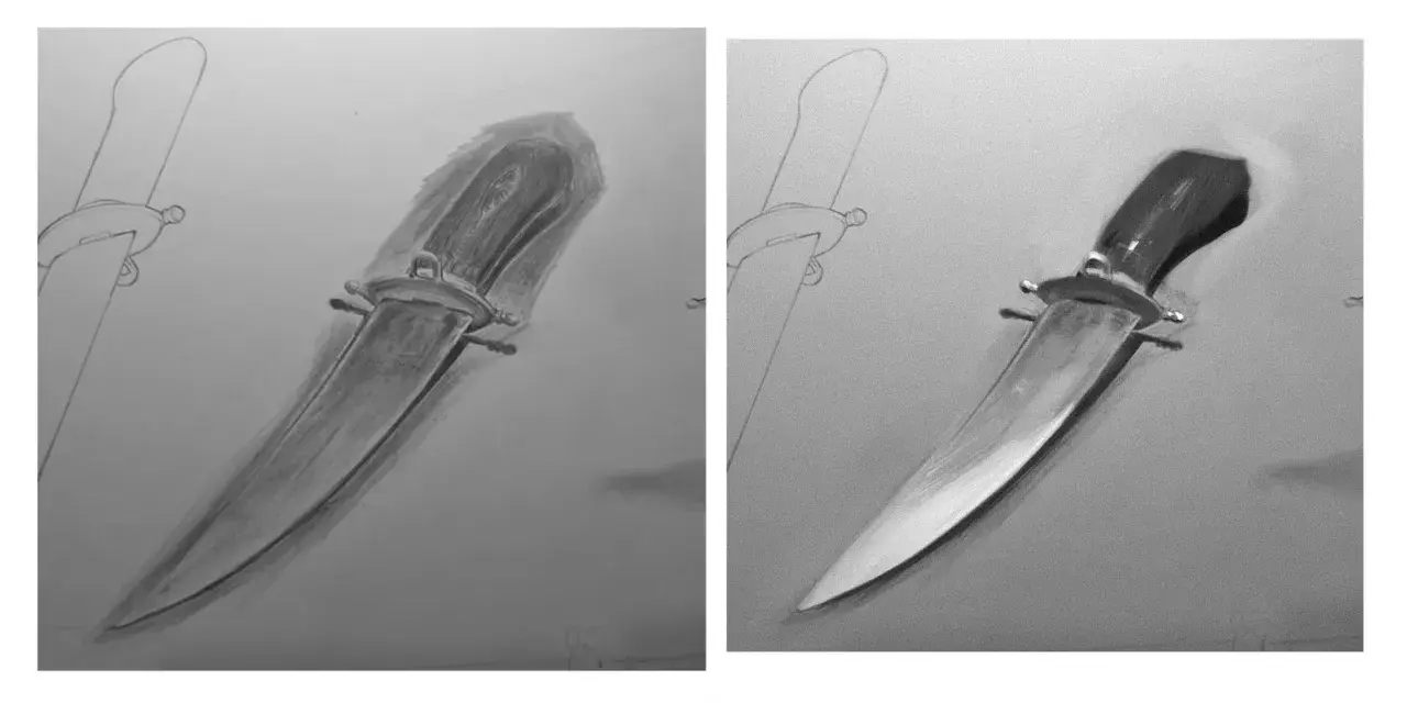 Dos dibujos de un cuchillo, uno en proceso y otro realista con brillo.