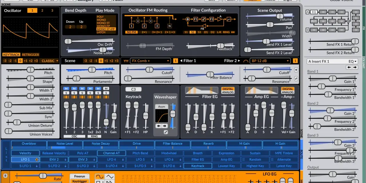 Surge XT: Flute 2 patch z efektami, oscylatorami i LFO. Widać suwaki, przyciski i wykresy, typowe dla syntezatora **Surge VST**.