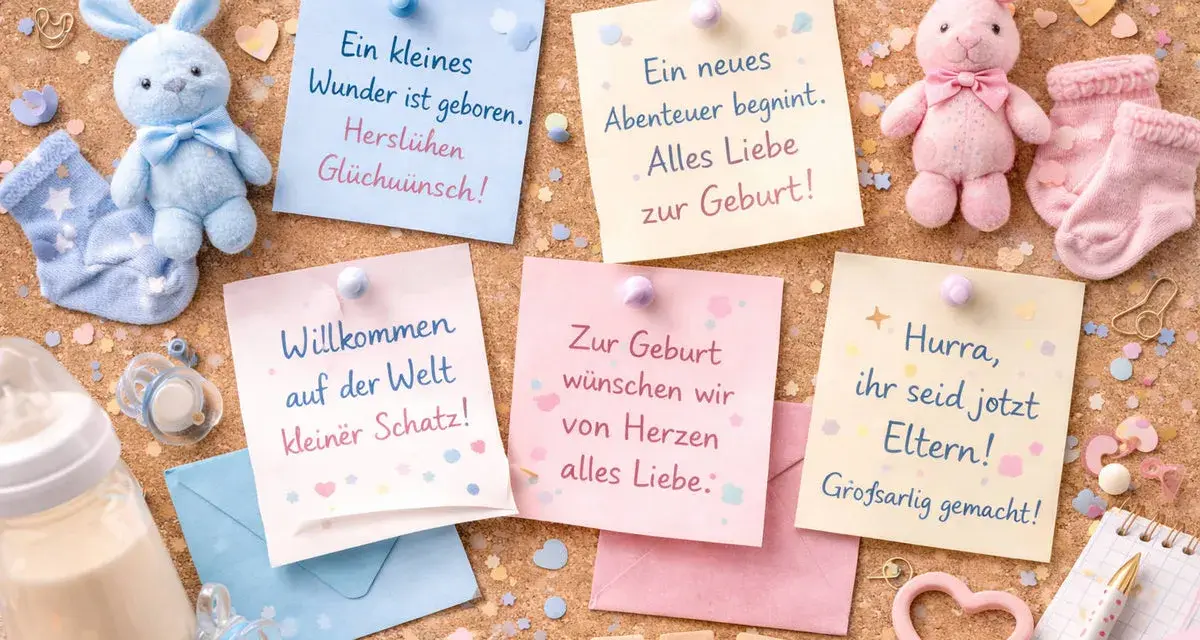 Kleine Hasen, Söckchen und Botschaften feiern die Geburt eines Jungen. Alles Liebe zur Geburt!