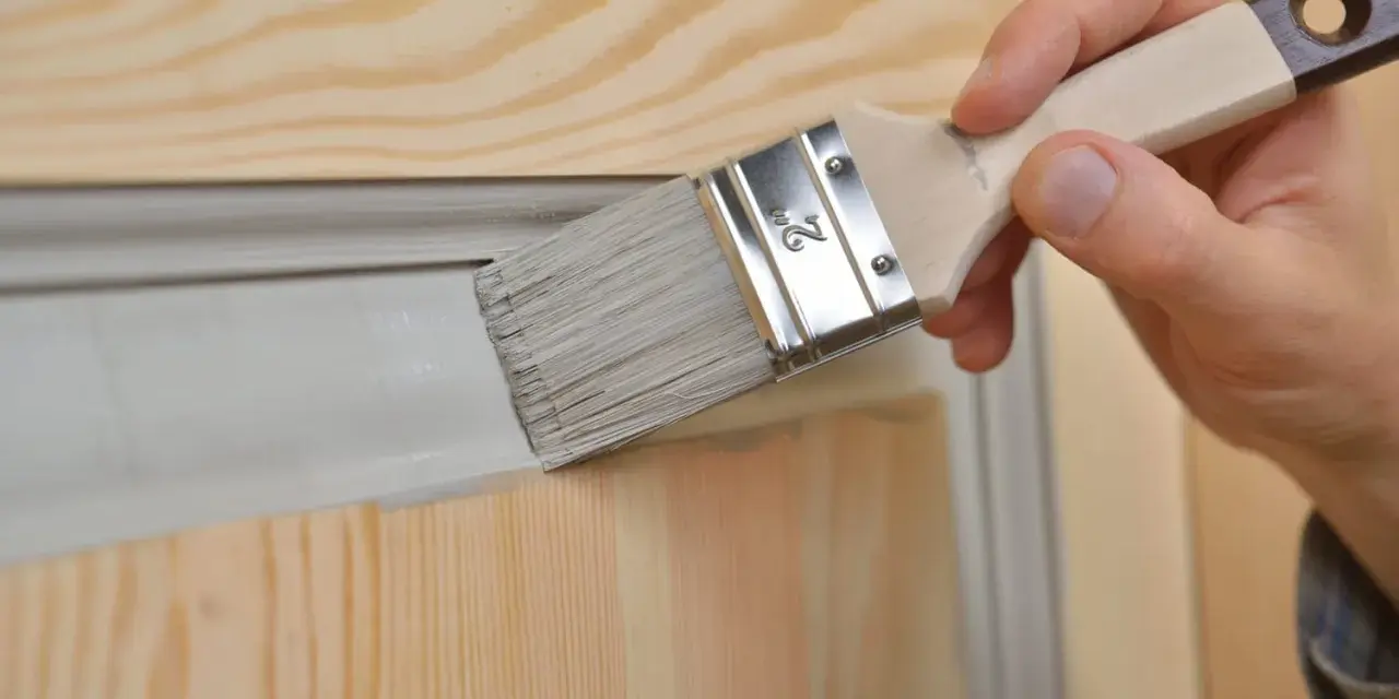 Une main utilise un pinceau pour relooker une porte avec des moulures, appliquant une peinture grise sur le bois clair.