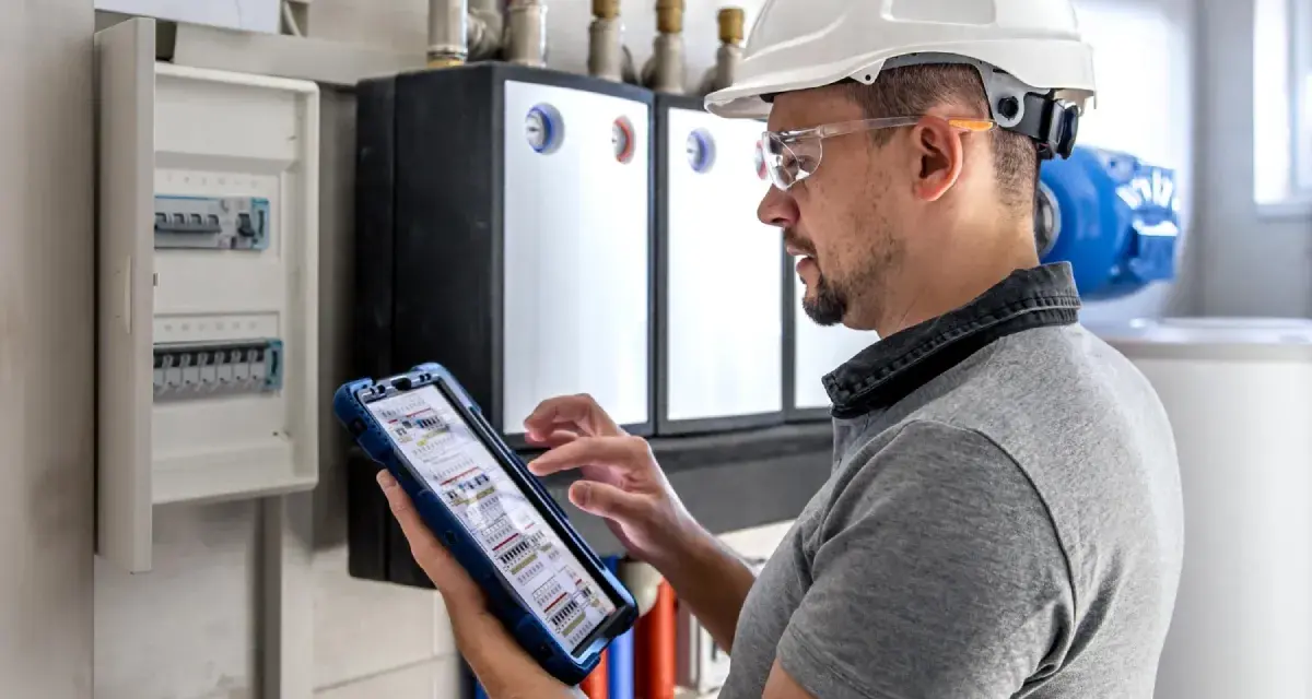 Elektryk w kasku i okularach ochronnych dokonuje przeglądu instalacji elektrycznej, korzystając z tabletu.