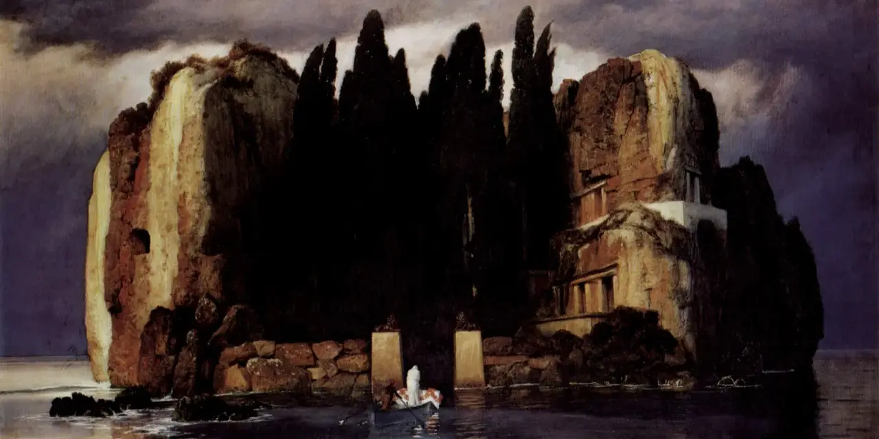 Le tableau "L'Île des morts" dépeint une île rocheuse sombre, bordée de cyprès, avec une barque transportant une figure solitaire vers un rivage mystérieux.