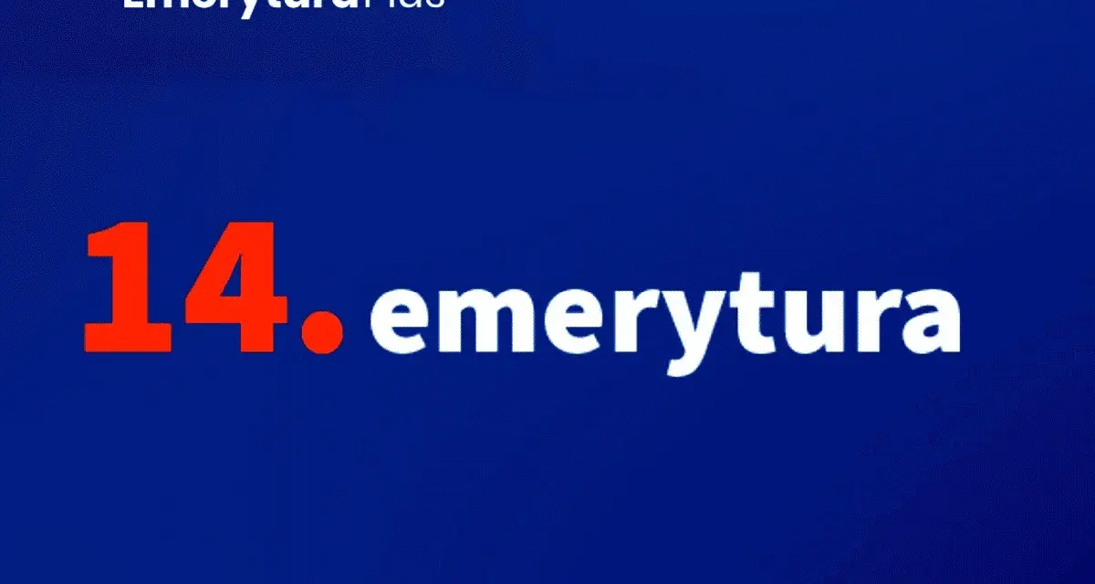 14. emerytura - dodatkowe wsparcie dla seniorów. Logo "Emerytura Plus" na granatowym tle.