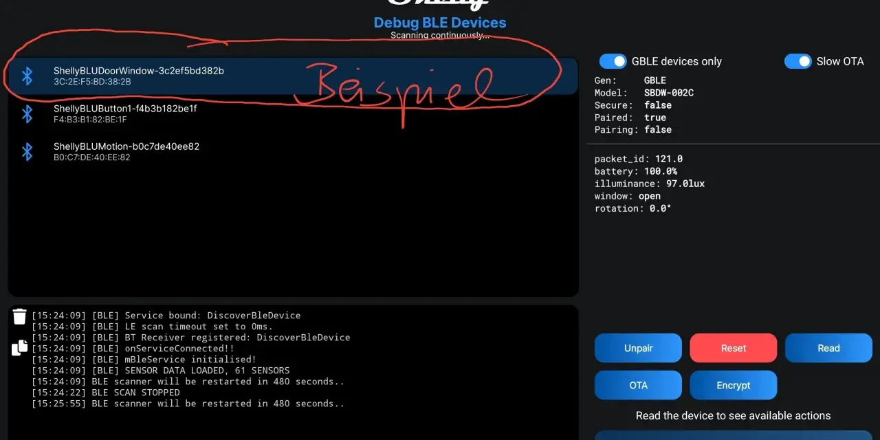 Shelly BLE Debug-Ansicht mit Geräten wie Shelly BLUDoorWindow. Ein Beispiel für die Verbindung eines Shelly Bridge-Geräts.