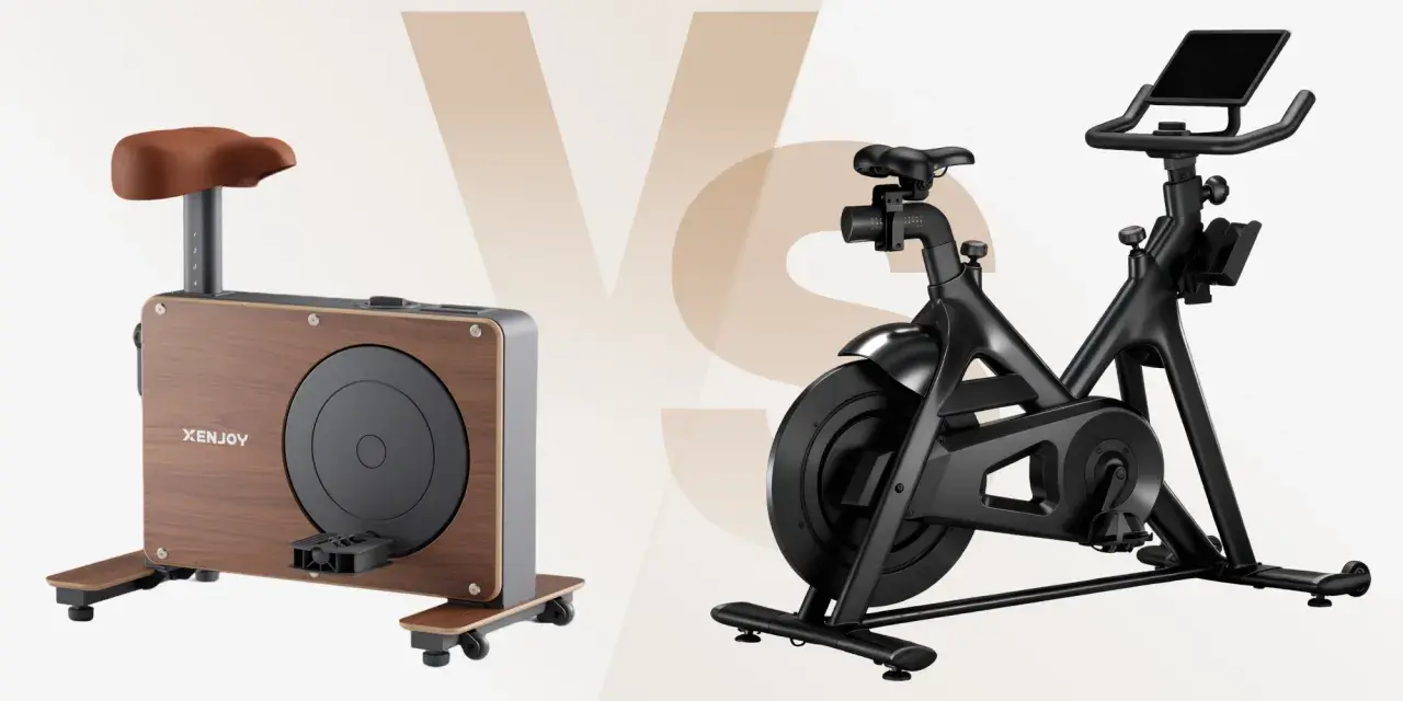 Comparing two stationary bikes: one with a wood finish and minimalist design, the other a sleek black model with a screen. Weighing the pros and cons of stationary bike workouts.
