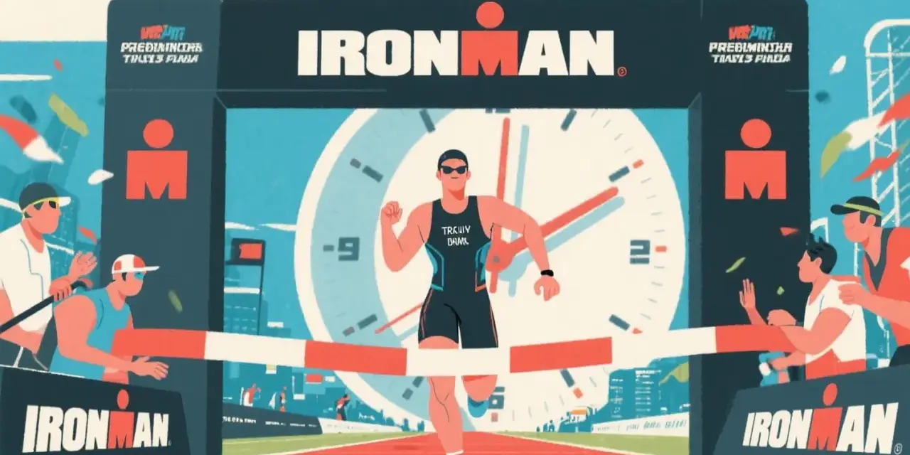 Un athlète franchit la ligne d'arrivée d'un Ironman, le temps s'arrête. Une image qui symbolise la nutrition et la performance.