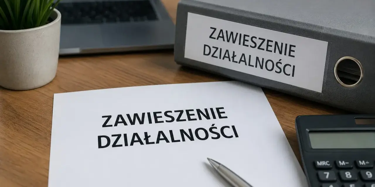 Dokumenty dotyczące zawieszenia działalności i ZUS. Na biurku leży dokument "Zawieszenie działalności", segregator z tym samym napisem, kalkulator i laptop.